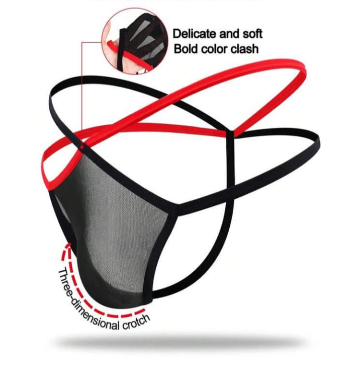 Fashionable Black Hollow Mesh Alluring Black & Red Trim Sexy Underwear For men